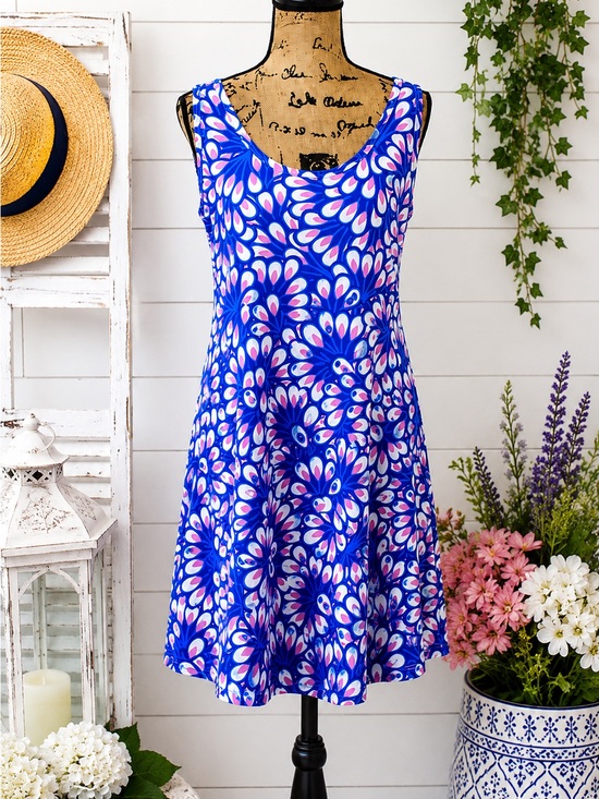 Before + Again Dresses & Skirts - Before + Again Blue Pink Peacock Feather Sleeveless Shift Dress Women’s Large
